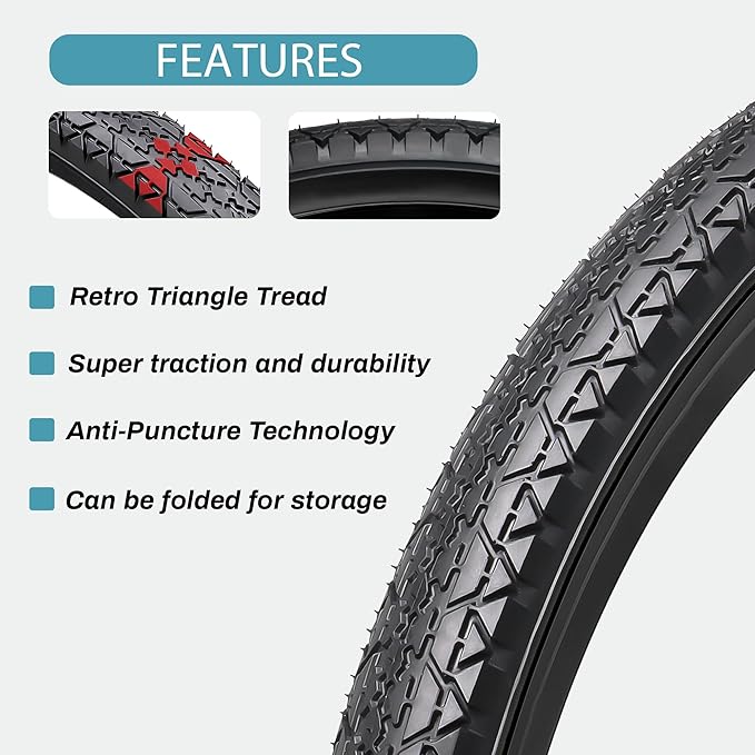 Hycline 26x2.125 Cruiser Bike Tires Set: 2-Pack 26-inch Premium Butyl Rubber High-Performance Folding Replacement Bicycle Tires for Beach Cruiser and Urban Commuting Bicycle