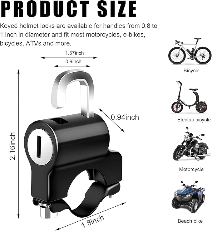 Motorcycle Helmet Anti-Theft Lock, Motorbike and Bicycle Helmet Safety Lock with Two Keys, Handlebar Mounting Tamper-Proof Helmet Security Lock, Motorcycle Accessories (Black)