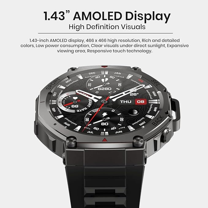 ATLAS GPS Smart Watch for Men, 1.43" Always-On AMOLED Display, Bluetooth Calling, Fitness Tracker, Heart Rate Monitor, Sleep Counter, Step Tracker Built‑In GPS, 5ATM Waterproof watch for Android & IOS