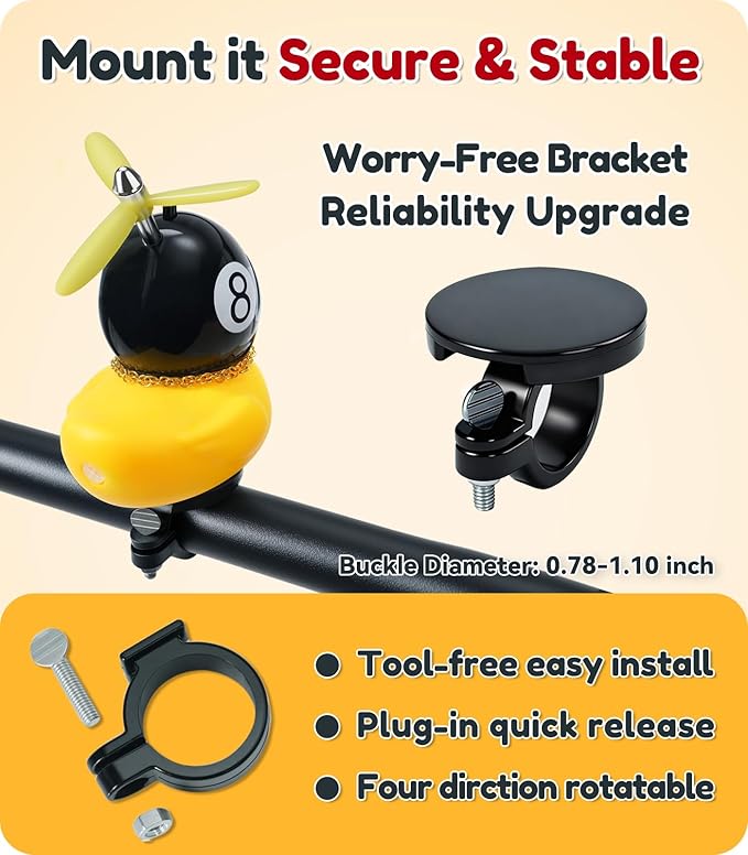 Rubber Duck Bike Decorations [New Stable Clamp Mount] Cute Squeak Duck Bike Bell [Two Helmet Propeller] Funny Bike Accessories E Scooter Motorcycle Cycling Gifts