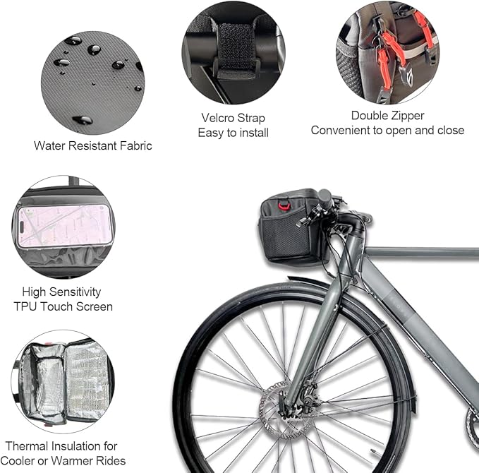 Bike Handlebar Bag, Insulated Cooler Front Frame Bag with Touch Screen Phone Holder, 4L Water Resistant Bicycle Basket Storage Pouch, Convertible Shoulder Pack for Ebike MTB Road