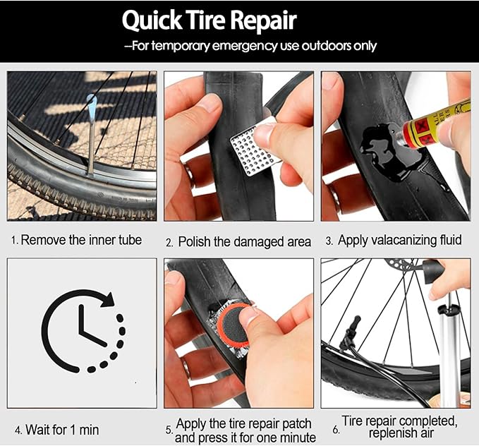 Bicycle Inner Tube Repair Kit - Vulcanizing & Glueless Patches with Tire Levers, Universal for Motorcycle BMX MTB Road Mountain Cycling