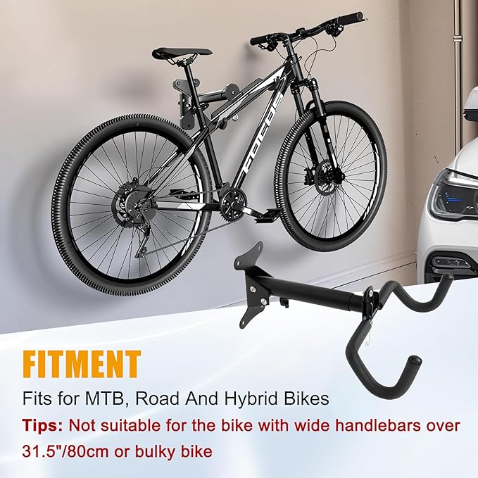 PSLER 2pcs Bike Wall Mount Hanger - Wall Mount Handbar, Adjustable & Extendable Horizontal Bike Rack Holder for Mountain/Road/Hybrid Bikes, Space Saving Garage Storage Hook, Easy Install