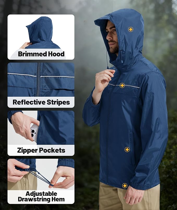 SWISSWELL Mens Rain Jacket & Coats Packable Lightweight Waterproof Windbreaker Hooded for Golf Cycling Hiking