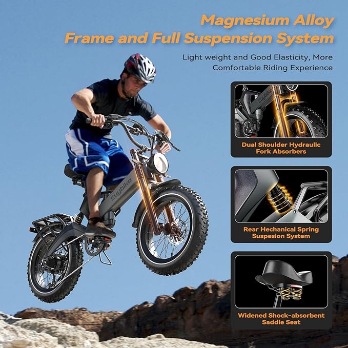 2000W/3000W Peak Motor Electric Bike for Adults, 48V/52V 25AH/30AH Battery Full Suspension Foldable Ebike, 20"x4.0" Fat Tires 35MPH Dirt Bike, 100/120 Miles Hydraulic Brake Magnesium Alloy Motorcycle
