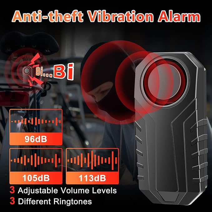 113dB Bike Alarm,Motorcycle Alarm,Burglar Vibration Motorcycle Bicycle Alarm Security System IP65 Waterproof, Suitable for Scooter Vehicle Trailer Car Door Window Electric Bike Accessories, 5PC