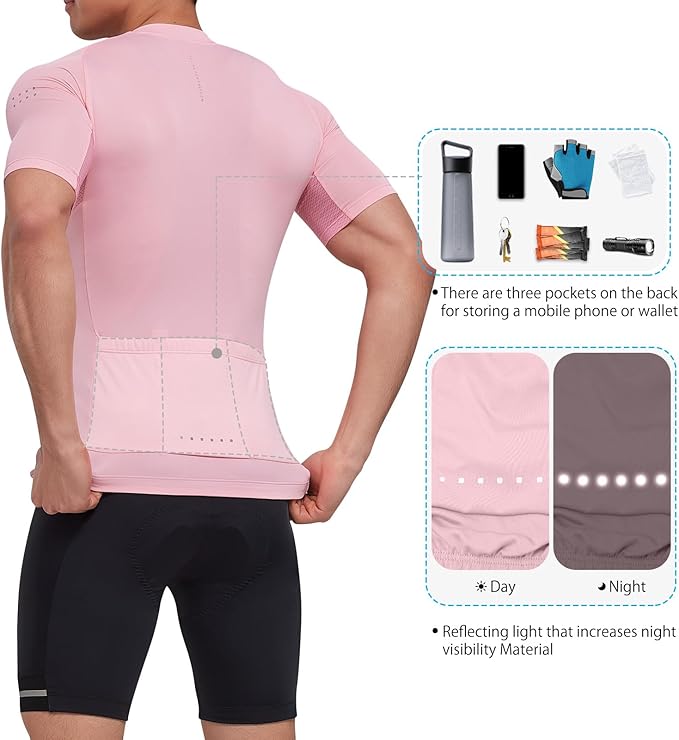 Santic Men's Cycling Jersey Short Sleeve Tops Pro Road Bike Shirt Full Zipper UPF 50+ MTB Jersey with Pockets