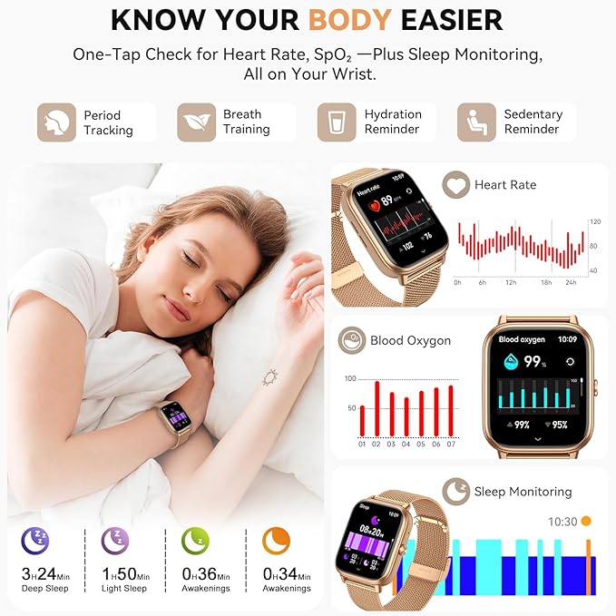 Smart Watch for Women Men- 1000mAh Battery Answer/Make Call, Fitness Step Tracker Watch with Sleep Monitor/Activity Counter/110+ Sport Mode for Andriod iPhone iOS Compatible - 3 Straps, Golden
