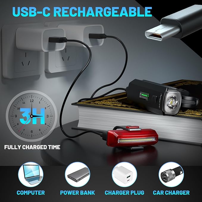 Bike Lights USB-C Rechargeable Bicycle Front Headlight and Rear Taillight with 4+5 Light Modes, Waterproof Bike Light Set for Night Riding, Commuter, Road & Mountain Cycling