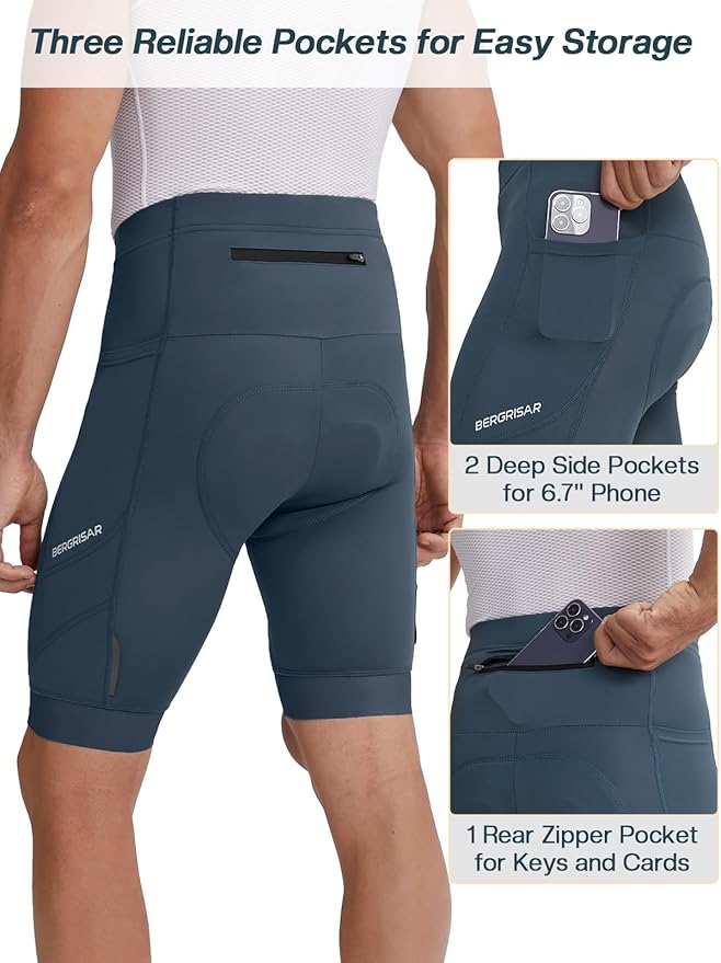 BERGRISAR Men's 4D Padded Bike Shorts Cycling Shorts with Zipper Pocket Biking Bicycle Shorts