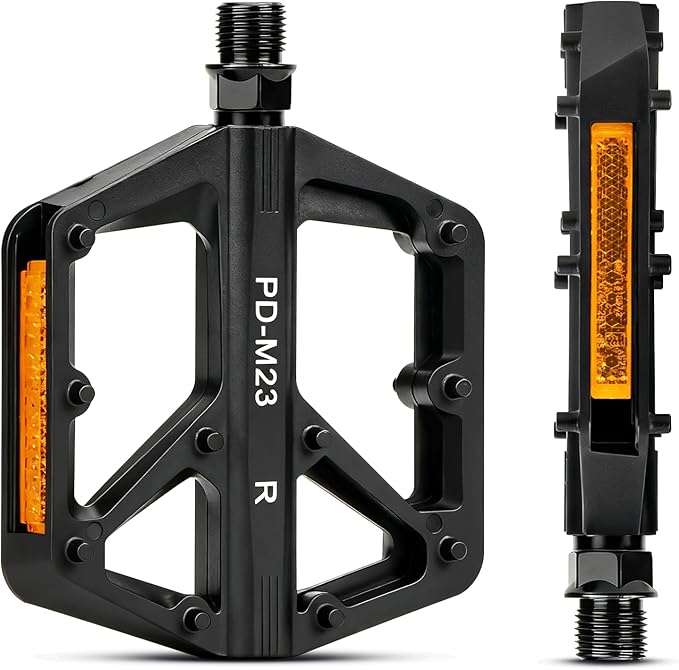 SYACHI Bike Pedals with Reflective Strip, Non-Slip & Wide Paltform & Lightweight Mountain Bike Pedals, 9/16 Inch Universal Bicycle Pedals for Mountain Road BMX MTB Bikes, Black