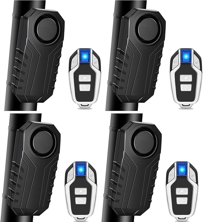 Bike Alarm with Remote,Bicycle Alarm Wireless,113dB Loud Bike Alarms for E-Bikes, Motorcycles, Scooter, Cars, Trailers, Luggage, Outdoor Riding and Cycling Safety IP65 Waterproof, 4Pcs