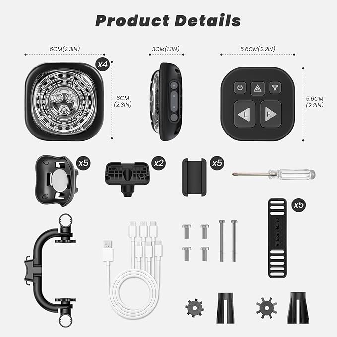 Smart Bike Lights System-Taillight,Headlight&Turn Signal,Sync Front&Rear Bike Light for Night Riding,3+2+1 Light Modes Rechargeable Bicycle Light with Remote Controller,IP67 Waterproof Day/Night Mode