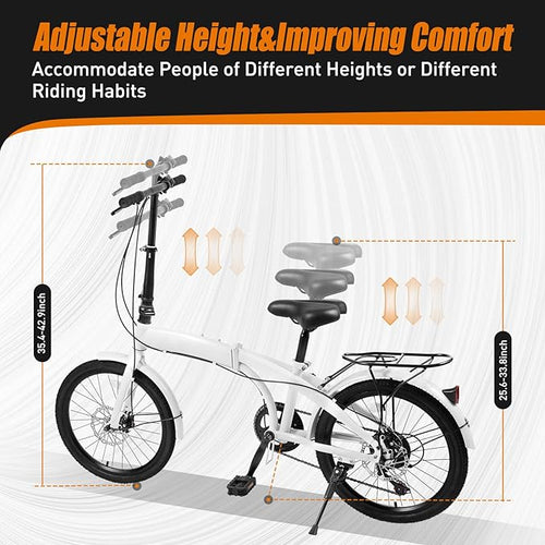 20 Inch Folding Bike 7 Speed Foldable Bicycle for Adults, Height Adjustable Folding Bike High Carbon Steel City Bicycle 25.6-33.8in, Adult Foldable Bicycle for Men & Women | US Stock