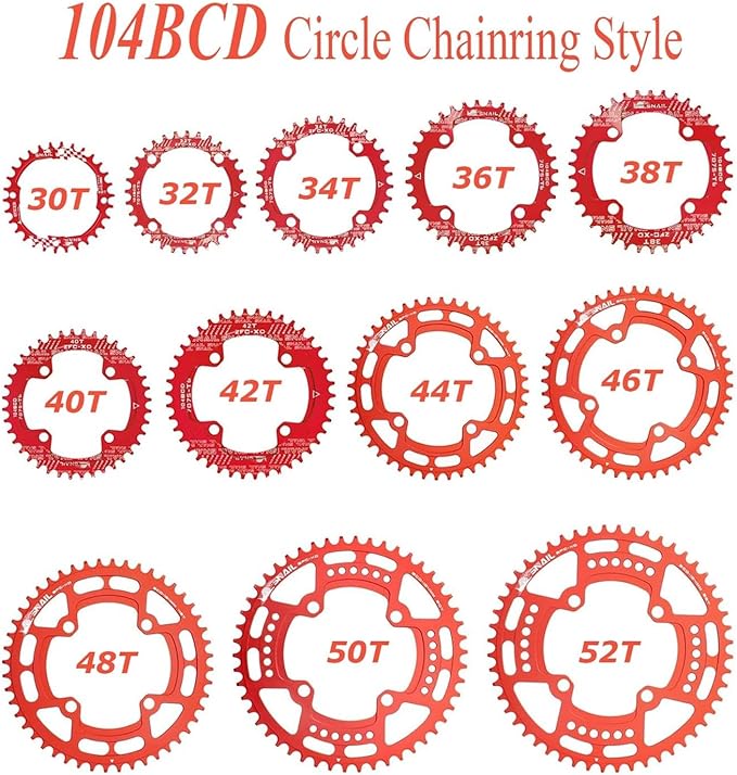 FOMTOR 104 BCD Chainring (30-52T) 7-12 Speed Compatible CNC 7075 Aluminum Narrow Wide Tooth Round Oval Chainrings for MTB/Road Bike Ebike Chainwheel Black/Red