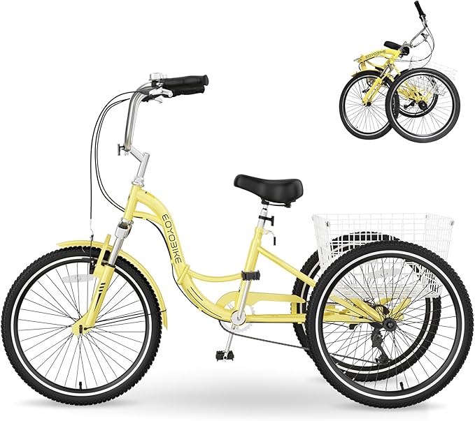 MOPHOTO Adult Folding Tricycle, 7-Speed 3 Wheel Bike for Adults, Seniors, Women & Men, 20/24/26 Inch Low Step-Through Trike with Large Rear Cargo Basket, Adjustable Seat, Space-Saving Cruiser Bicycle