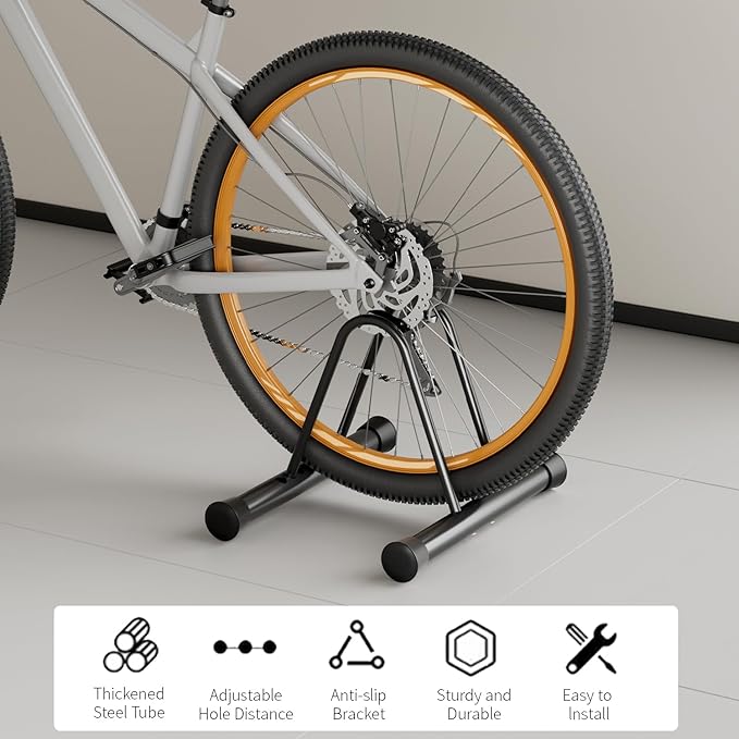 Adjustable Bike Parking Rack - Universal Floor & Wall-Mounted Bicycle Stand, Compatible with All Bikes Including Mountain, Road, Hybrid Cycles - Durable Black Design