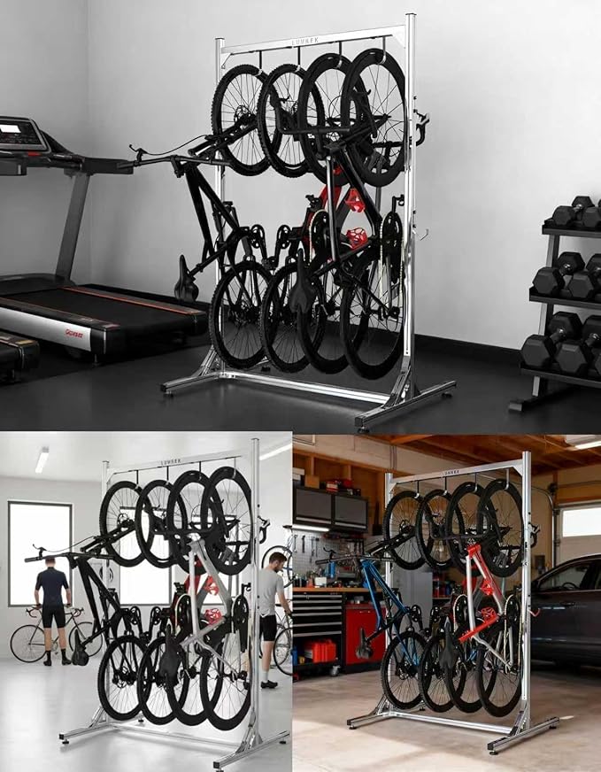 Alumium Alloy Freestanding Bike Rack for 4 Bikes, Vertical Bike Rack with 4 Bike Hooks for Heavy Duty & 2 Hooks for Accessories Tool Room Garage Storage Room Indoor Outdoor