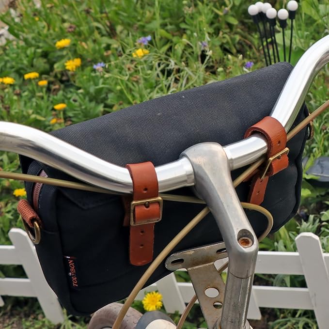 TOURBON Bike Bag Waxed Canvas Bicycle Handlebar Bag Zipper Closure Pouch Crossbar Front Frame Basket Cycling Saddebag Under Seat Strap-on Rear Rack Pannier (Black)