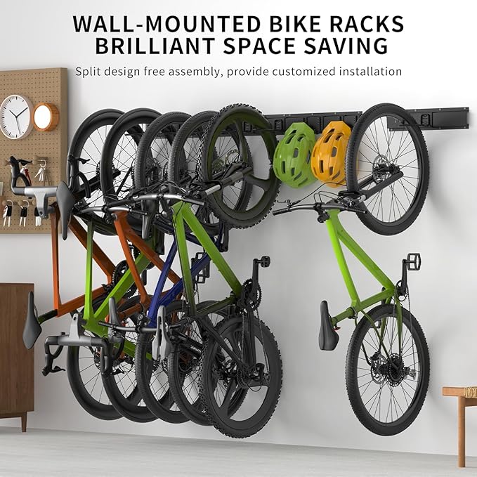 Housolution Bike Storage Rack 48Inch for 6 Bikes + 5 Helmets, 500lbs Capacity, Heavy Duty Steel Bicycle Wall Mount Hanger for Garage Storage, Bike Hooks, Bicycle Storage, Bike Wall Mount, Black