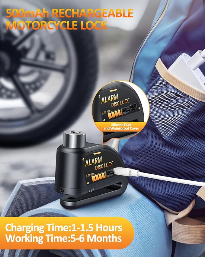 ONVIAN Rechargeable Motorcycle Lock with 120db Alarm and 6FT Steel Reminder Cable, for 7mm Pin Motorcycles Bicycles Ebike Scooter Moped (Black)