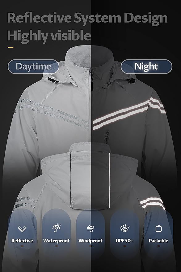 CREATMO US Men's Packable Waterproof Running Rain Coats Reflective Cycling Jacket Windbreaker With Removable Hood