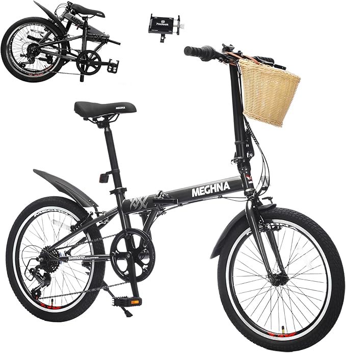 20 Inch Folding Bike with Phone Holder, Portable Folding Bikes with Basket & Fender, Steel Frame 6-Speed, V Brake, Lightweight Foldable Bicycle for Women Men City Commuter