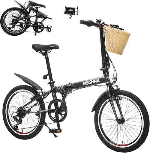 20 Inch Folding Bike with Phone Holder, Portable Folding Bikes with Basket & Fender, Steel Frame 6-Speed, V Brake, Lightweight Foldable Bicycle for Women Men City Commuter
