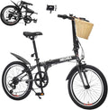 20 Inch for Adults with Basket, Phone Holder & Fenders, Steel Frame 6-Speed City Commuter, Dual V-Brake Portable Compact Bicycle for Men & Women