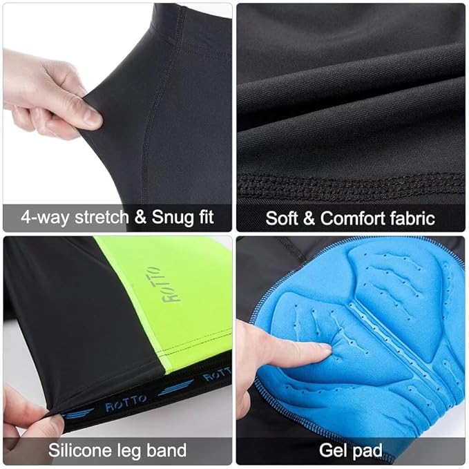ROTTO Men's Cycling Shorts Padded Bike Shorts with Sponge & Gel Padding for Road & MTB Biking