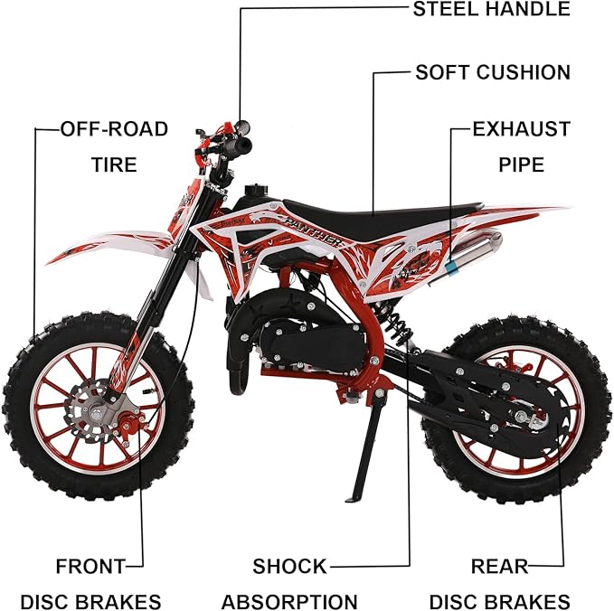 cdar 49CC 2-Stroke Kid Dirt Bike, Gas Dirtbike Children Motorcycle Gas Powered Off-Road Motorbike with Soft Seat Cushion Pocket Motorbike Front Rear Disc Brakes Birthday Gifts for Boys Girls 6-14 Red