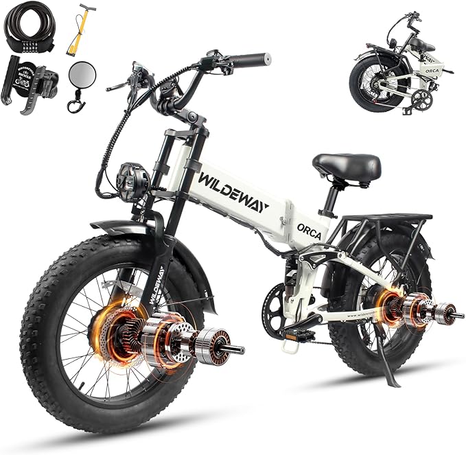 Wildeway Dual Motor 20" Fat Tire Electric Bike 2300W 20Ah Removable Battery 28 MPH Folding Ebike Off Road Mountain Full Suspension Long Range Foldable Electric Bicycle for Adults Men 2 Seat