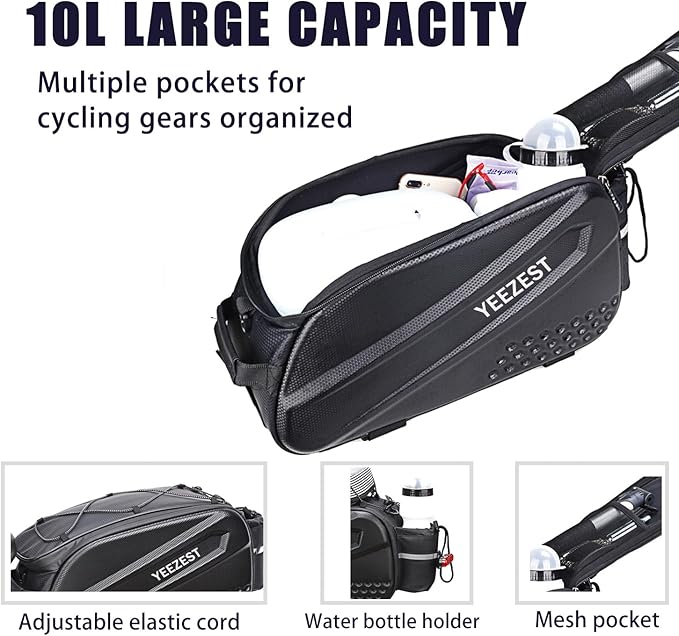 Bike Bag for Bicycle Rear Rack – 10L Hard Shell Waterproof Bike E-Bike Rack Bag with Shoulder Strap & Reflective Stripfor Cycling, Commuting, Outdoor Travel, Gifts for Men