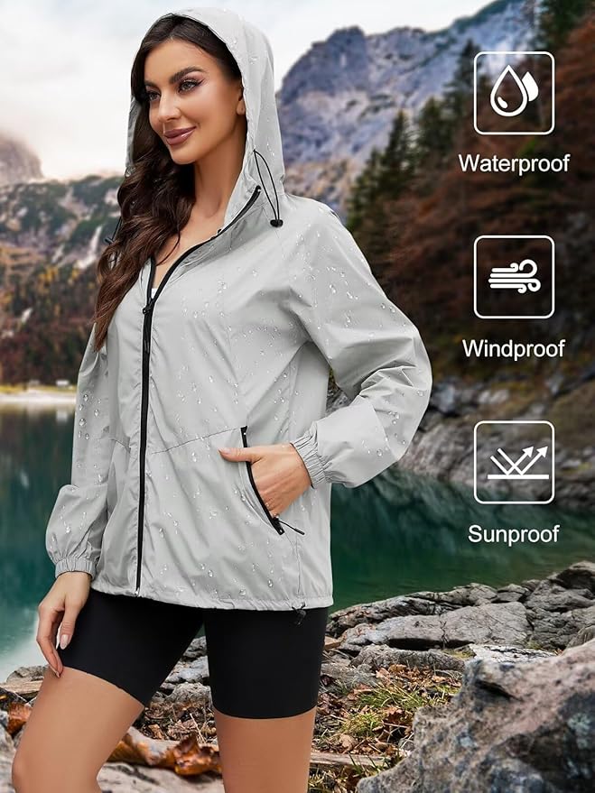 Packable Rain Jacket Women Waterproof Lightweight Jacket With Hood Womens Windbreaker Jacket S-XXL