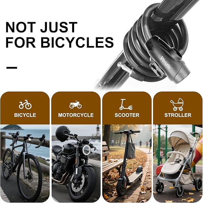 Venzio 4FT Heavy Duty Anti-Theft Bicycle Cable Lock, Bike Lock Cable with 2 Keys and Mounting Bracket, 1/2 inch(12mm) Coiled Steel Cable with Dustproof Insert for Bikes, Scooters, Gates, Fences