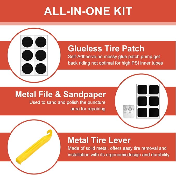 28 Pcs Bike Tire Repair Kit, Bicycle Inner Tube Bike Patch Kit with 24 Pcs Glueless Self-Adhesive Patches, Rasp and Tire Levers for Road and Mountain Bikes