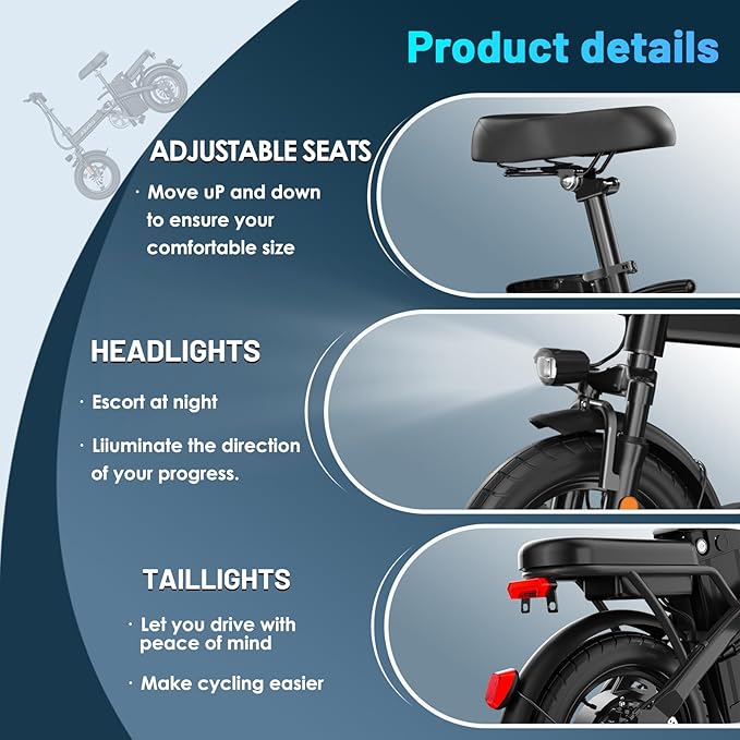 Foldable Electric Bike for Adults and Teens, 700W Peak Motor Ebike with 30-60 Miles PAS Range, 14" Folding Mini E Bike for Commute, Electric Bicycle with 48V Removable Battery