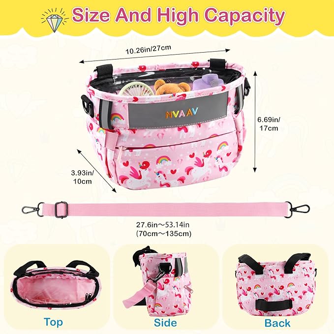 Kids Bike Basket Bag, Waterproof Bicycle Basket Pouch for Girls Boys 6-10, Children's Front Handlebar Bag with Reflective Safety Strap & Detachable Shoulder Strip, Fit Toddlers Bikes Tricycle Scooter