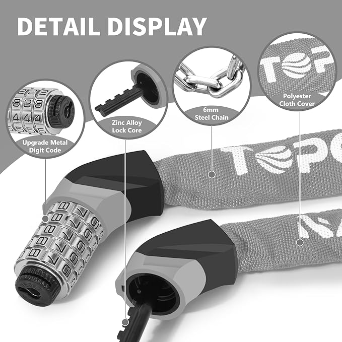 Bike Chain Lock Upgrade Metal Digital Dials 3.2Ft Long High Security Heavy Duty Anti Theft, 5 Digit Combination Keyless Bicycle Lock for Bike/Electric Scooter/Ebike/Motorcycle(Grey)