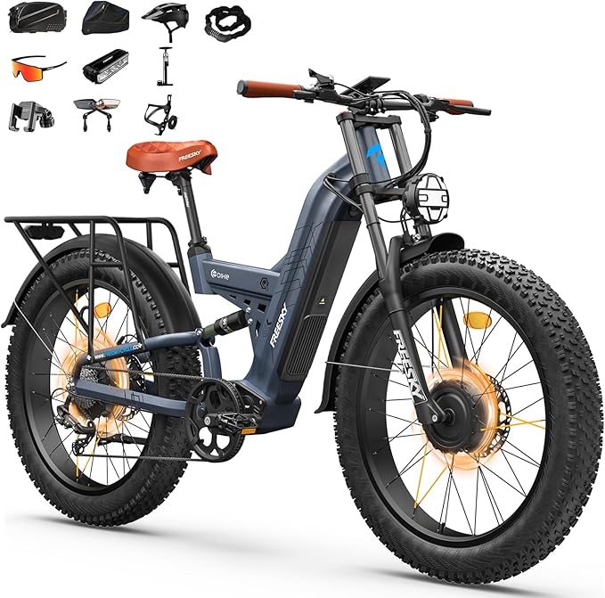 FREESKY 4000W Dual Motor Electric Bike for Adults, 48V 30AH Samsung Cells Battery 120Miles Range, 40MPH AWD Fast E-Bike, 26" Fat Tire Full Suspension Electric Mountain Bike, UL2849 Certified by TÜV