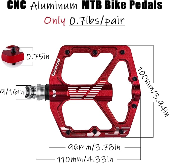 MTB Pedals Flat, Gravel Bike Pedals Flat, Light CNC Aluminum Alloy Platform Pedal w 3 Bearings Cr-Mo Spindle, Grippy Bicycle Pedals w 16pcs Pins, Mountain Bike Pedals Adult Child BMX Bike 9/16"