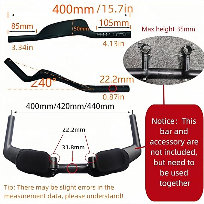 Carbon Bicycle TT Arm Rest Handlebar Aero Bars Extension Triathlon Trial Bike Bar Ends Cycling Bullhorn Handlebar Parts 22.2mm for Road TT Bike,Fixed Gear,Racing bike-Black Matt (No Hole)