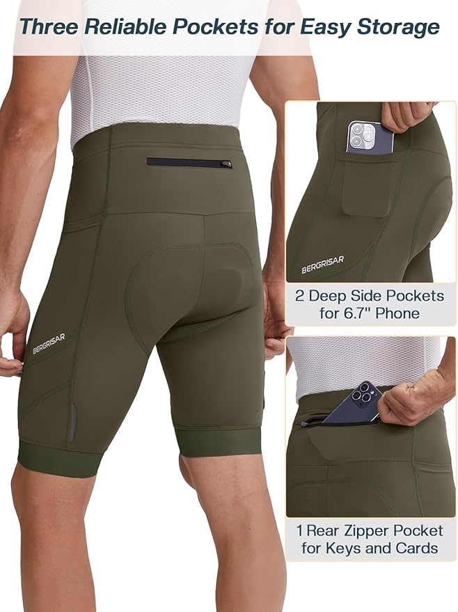 BERGRISAR Men's 4D Padded Bike Shorts Cycling Shorts with Zipper Pocket Biking Bicycle Shorts