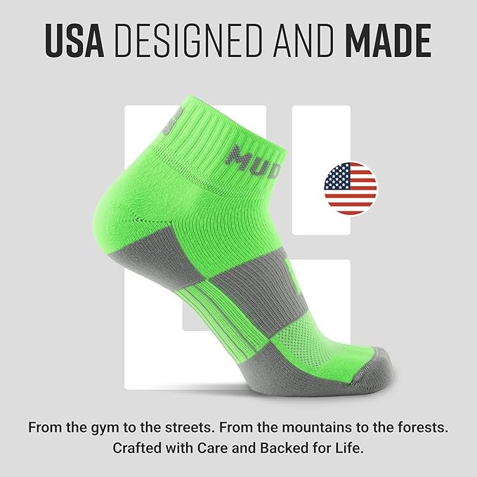 MudGear Quarter Crew Trail Socks, Blister-Resistant, Sweat-Resistant & Quick-Drying, Cushioned Footbed, Made in USA, 2-Pack