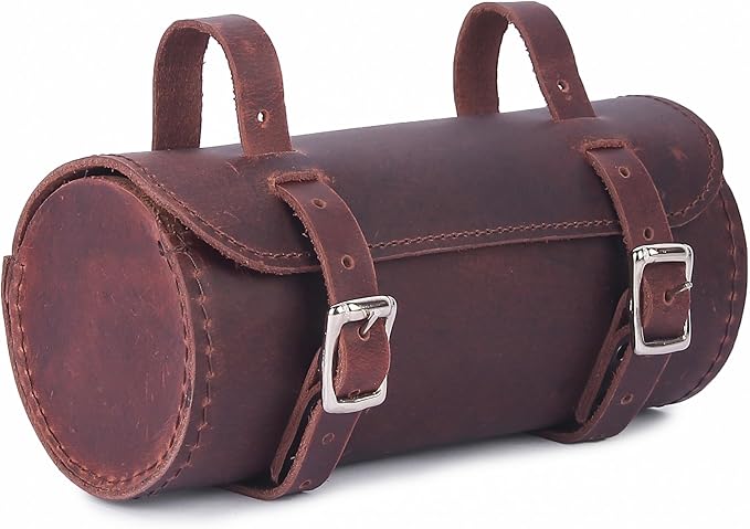 M RUFOUS Genuine Leather Under Seat Handlebar Bicycle Bag - Cherry, Premium Handcrafted Bicycle Bag with Brass Buckle, Leather Bag for Cell Phone (Free Waterproof Cover)