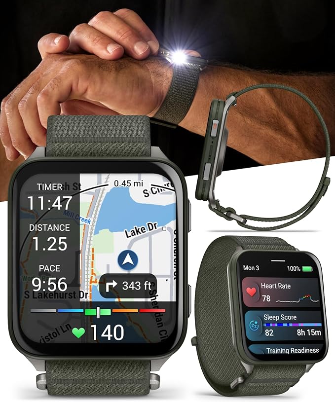 Wearable4U Garmin Venu X1 Thin and Lightweight GPS Smartwatch, AMOLED Display, Moss with Titanium Caseback and Moss ComfortFit Nylon Band White Earbuds Bundle