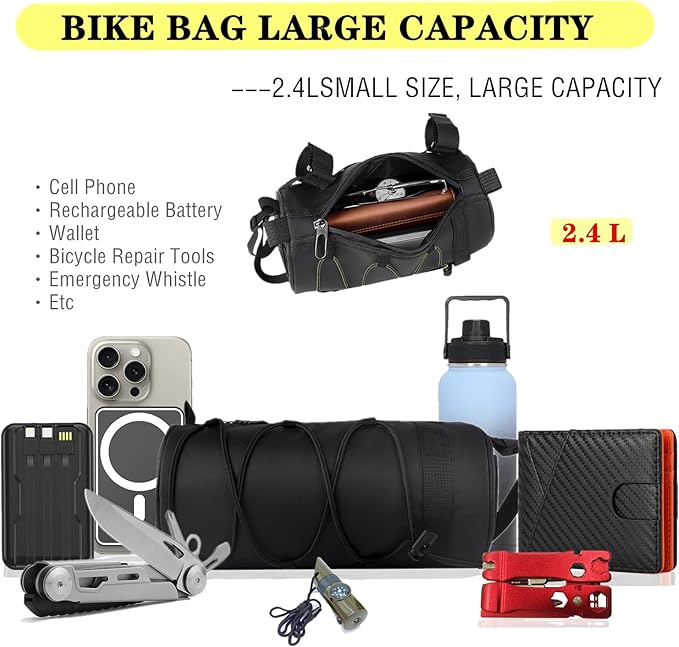Bike Handlebar Bag, 2.4L Large Capacity Bicycle Front Storage Pouch with Detachable Shoulder Strap, Waterproof Universal Fit for MTB Road Bike Folding Bike Scooter (Black)