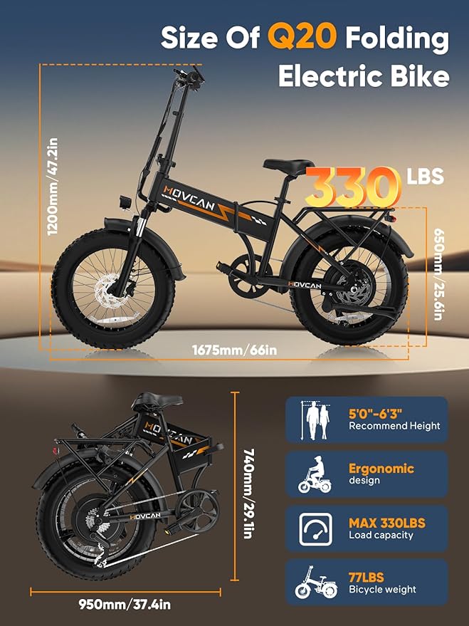 Movcan Q20 Folding Electric Bike, 52V 15.6Ah Removable Concealed Battery 20” Fat Tire Dirt Bike,1500W Motor 30 MPH Top Speed E Bikes, 7 Speed Dual Hydraulic Brake Electric Bikes for Adults