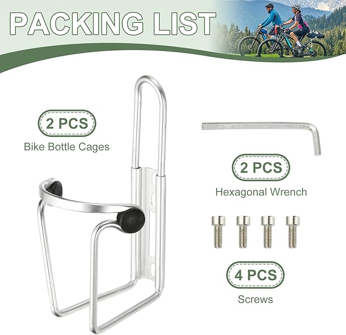 Water Bottle Cage, Bike Water Bottle Holder, Lightweight Aluminum Alloy Bicycle Cup Cage with Beads & Screws Tool - Fitting for (Road/MTB Cycling/Touring Bike) 2 Pack & Silver