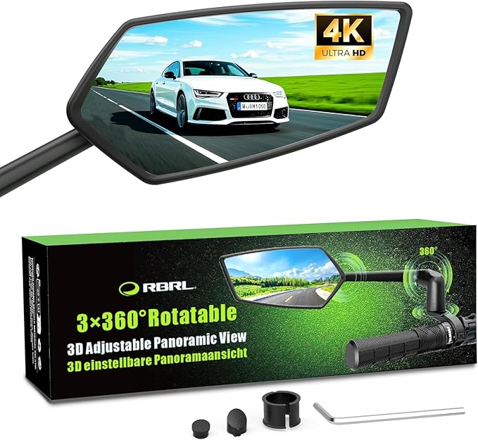 RBRL Bike Mirror, 3D Adjustable Arm for Extended Reach, Aluminum Alloy Anti-shake Bicycle Rearview Mirrors, 360° Panoramic Rearview, Wide Angle Shatterproof & Foldable E-bike Mirror(right)